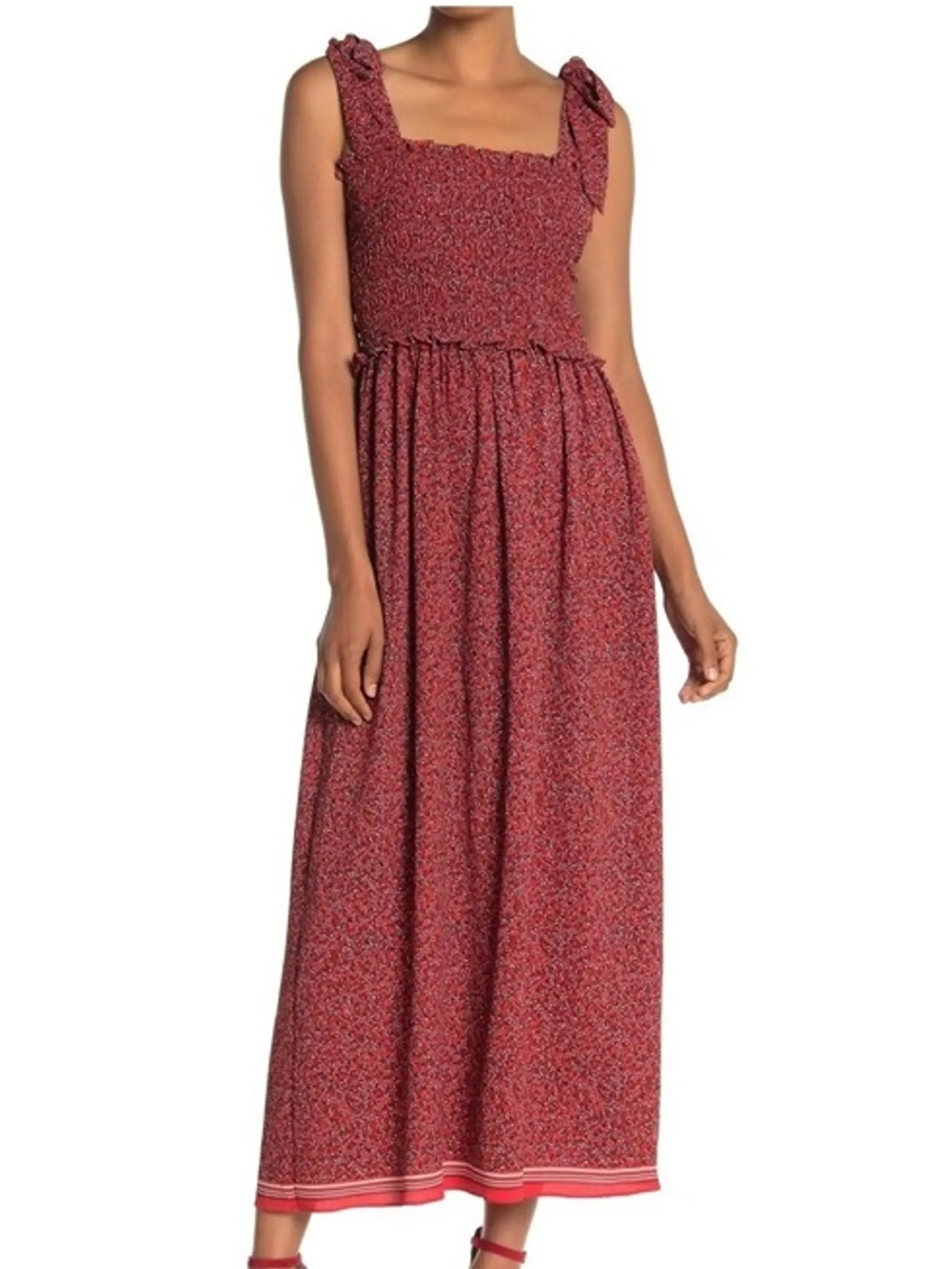 Max Studio Brick Red Smocked Maxi Dress with Tie Straps